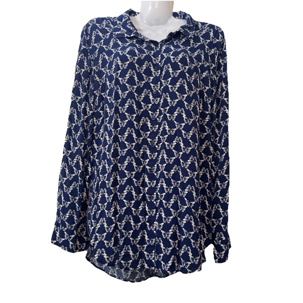 TALBOTS Womens BUTTERFLY Blouse Size Medium 100% Rayon Soft‎ Navy I White